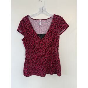 Marilyn Monroe Pink Black Floral Deep V Short Sleeve Blouse Size M